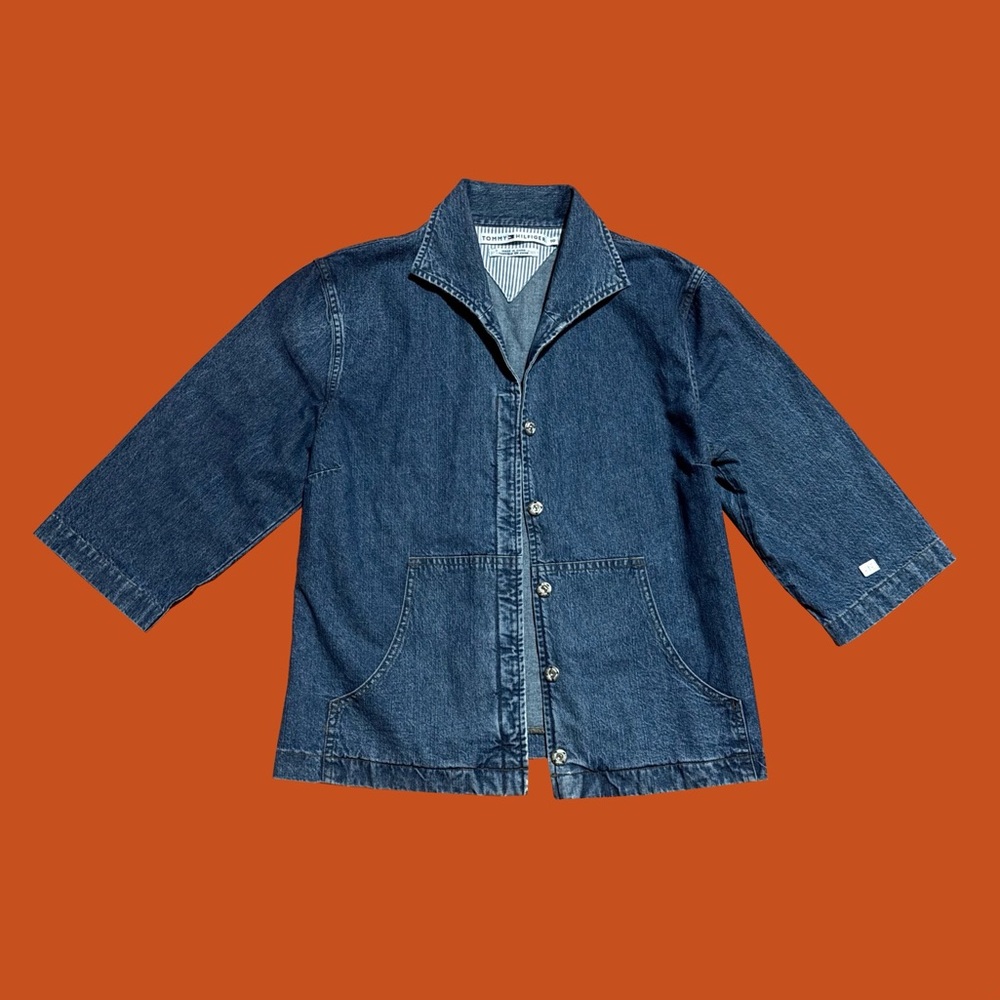 VTG Tommy Hilfiger Blue Denim Collared 3/4 Sleeve Top, Snap Closure, Women's